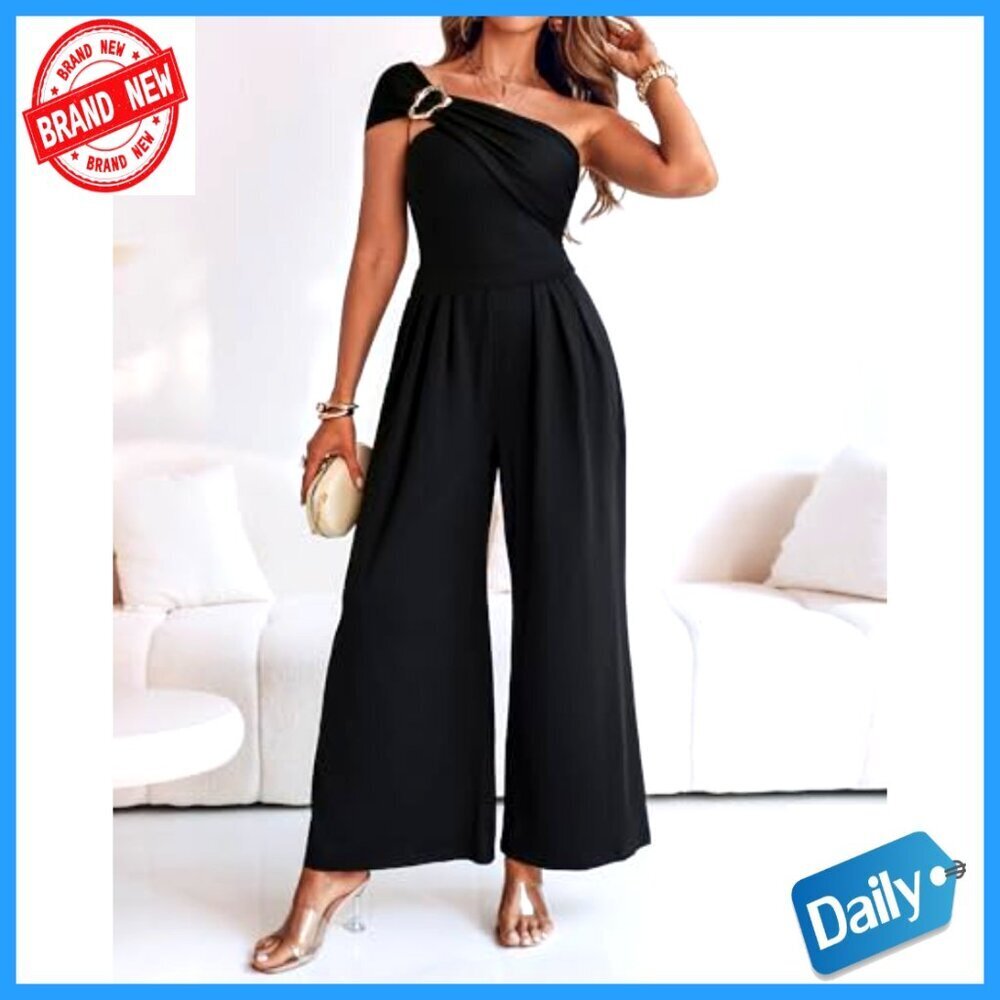 One Shoulder Jumpsuit Ruched Waist Wide Leg Elegant Party Wear Stretchy Fabric - Picture 2 of 7